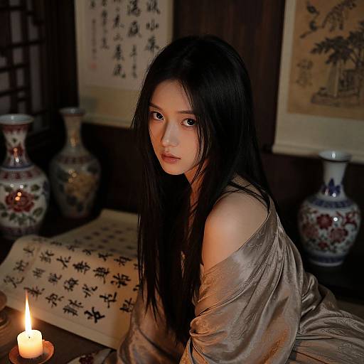 Photograph of an East Asian woman with long black hair, wearing a loose, off-shoulder silver satin top, sitting by a candle, surrounded