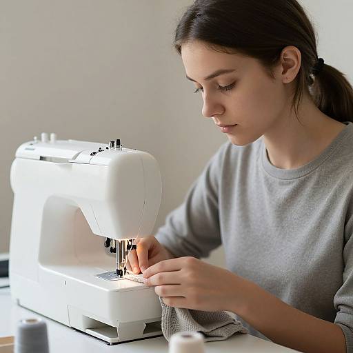 Young woman with fair skin and dark hair in a ponytail, wearing a gray sweater, sewing on a brightly lit white sewing machine.
