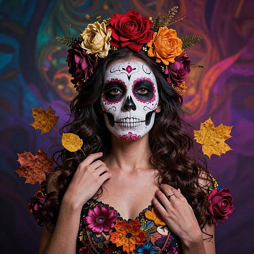 Photograph of a woman with white skull face paint, red and yellow flower crown, colorful floral dress, autumn leaves, swirling purple background. Día