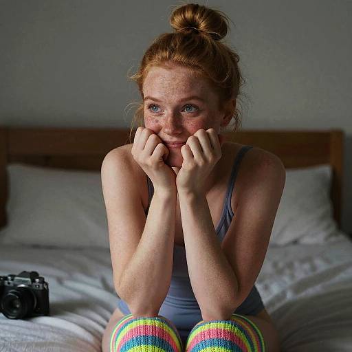 Photograph of a freckled, red-haired woman with a bun, wearing a gray tank top and rainbow knee socks, sitting on a bed,