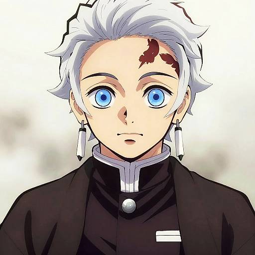 Anime-style digital drawing of a young man with white hair, blue eyes, black uniform, white collar, and red scar on forehead.