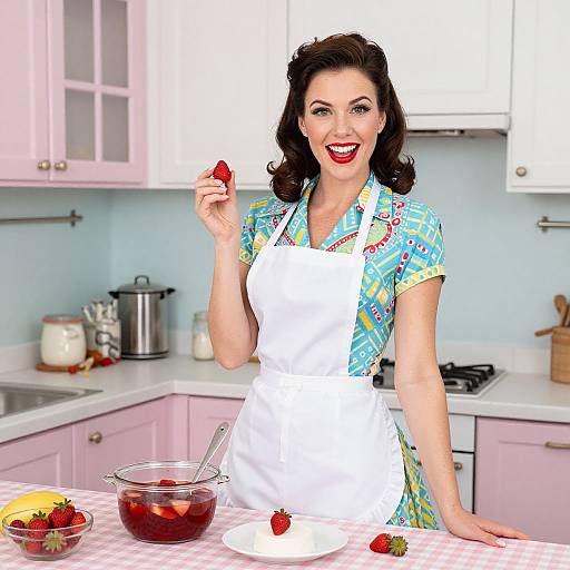 Vintage-style photograph of a smiling woman with dark hair, wearing a colorful apron and patterned shirt, holding a strawberry in a pink-kitchen.