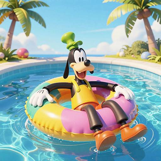 Disney's Pluto relaxing in a colorful inflatable ring, floating in a bright blue pool with palm trees and a clear sky. Digital cartoon art.