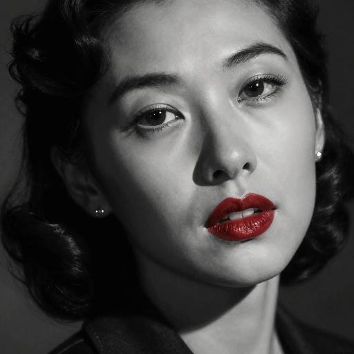 Black-and-white photograph of a 1940s-style woman with glossy red lips, dark curled hair, and pearl earrings, illuminated by dramatic shadow.
