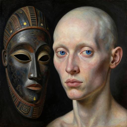 Digital painting of a bald, pale-skinned, blue-eyed person next to an African-style mask with dark skin and geometric patterns.