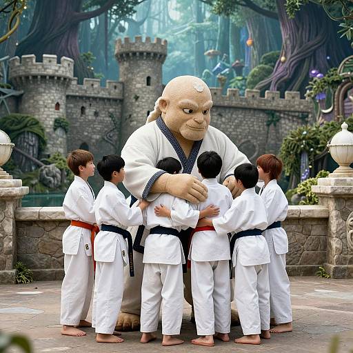 Digital art of a large, bald, wise-looking man in a white karate gi, hugging five young karate students in white gis with