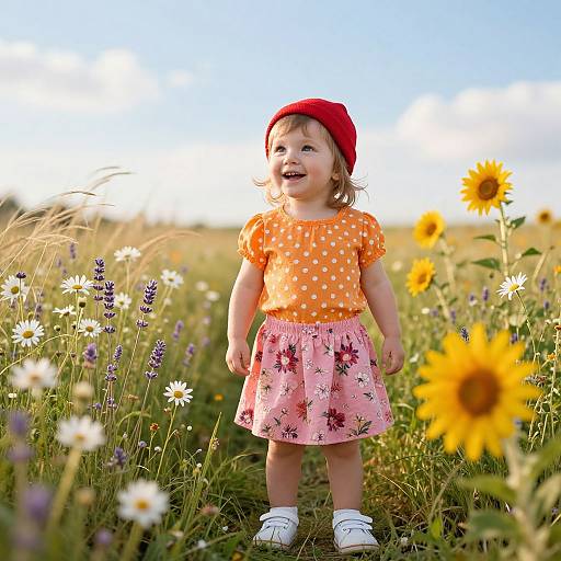 Photograph of a smiling toddler girl in an orange polka-dot shirt and pink floral skirt, wearing a red hat and white shoes, standing in a