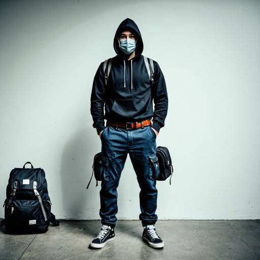 Young Man Wearing Mask and Hoodie with Backpack
