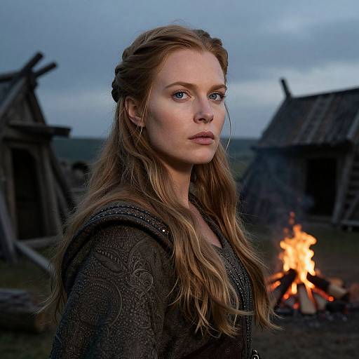 Photograph of a blonde woman with blue eyes, wearing a textured black dress, standing near a campfire in a rustic, wooded setting at dusk.