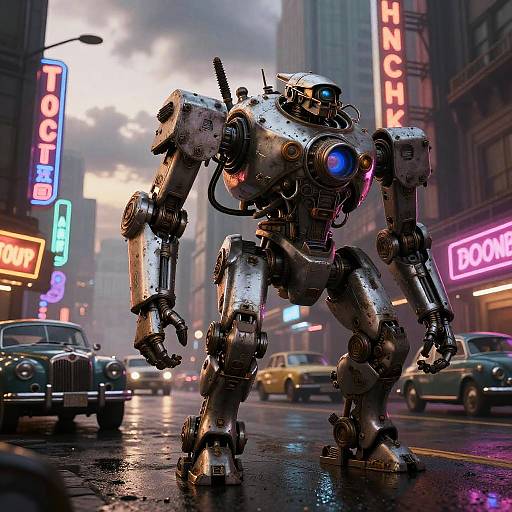 Dieselpunk Mech Patrolling Dystopian City
