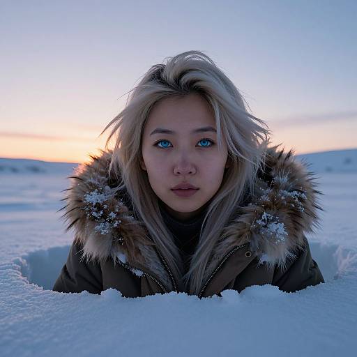 Photograph of a young Asian woman with blonde hair and striking blue eyes, wearing a fur-trimmed winter coat, peeking from a snow-covered