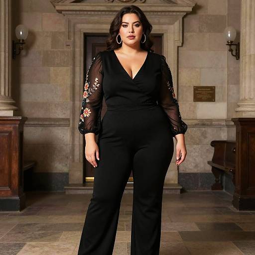 Photograph of a curvy woman with medium skin tone, dark wavy hair, wearing a black sheer blouse with floral embroidery and matching pants, standing