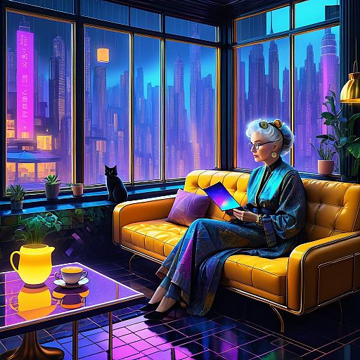 Cozy Cyberpunk: Elderly Woman and Cat Cozy Cyberpunk: Elderly Woman and Cat