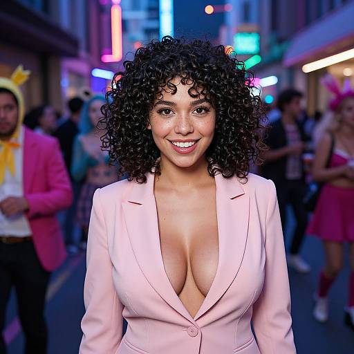 Photograph of a smiling Black woman with curly hair, wearing a low-cut pink blazer, in a neon-lit urban street at night, surrounded