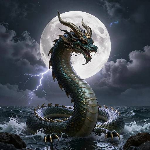 Bakunawa Serpent Dragon Under Stormy Moon