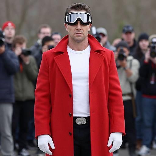 Photograph of a serious-looking man in a bright red coat, white t-shirt, white gloves, and VR headset, with a crowd of photographers in