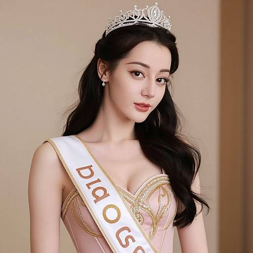 Photograph of an Asian beauty queen with long black hair, wearing a silver tiara, pink gown with gold embroidery, and white sash reading 