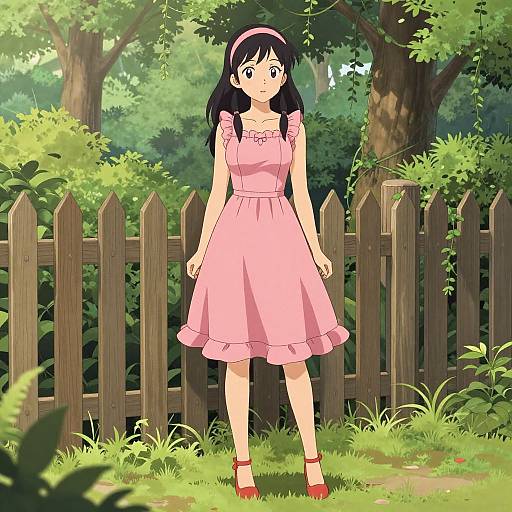 Anime Young Woman in Pink Dress Outdoors