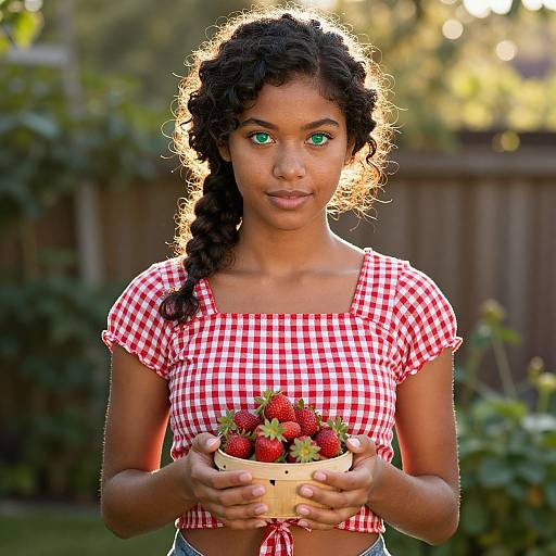 Photograph of a young Black woman with green eyes, curly hair in a braid, wearing a red-checkered crop top, holding a wooden basket