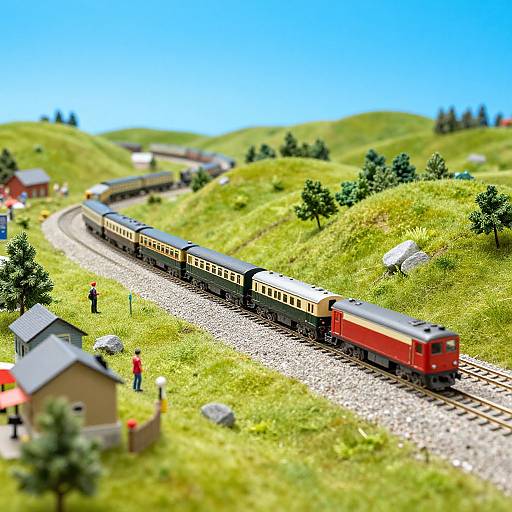 Photorealistic model train scene: red locomotive pulling yellow and black cars through vibrant green hills, tiny houses, people, trees, and bright blue