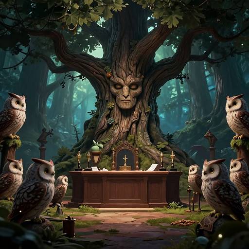 Fantastical forest scene with a giant, face-carved tree altar, surrounded by six owls, candles, and a small wooden chapel.