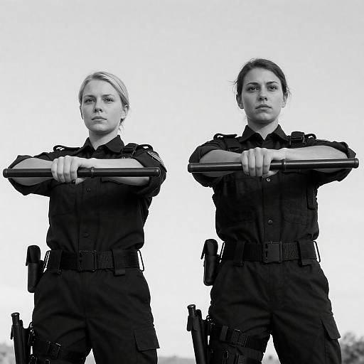 Monochrome Tactical Duo Holding Batons