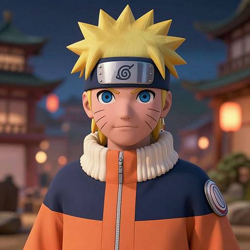 CGI image of Naruto Uzumaki, anime-style, with spiky blonde hair, blue eyes, orange and blue jacket, forehead protector, night