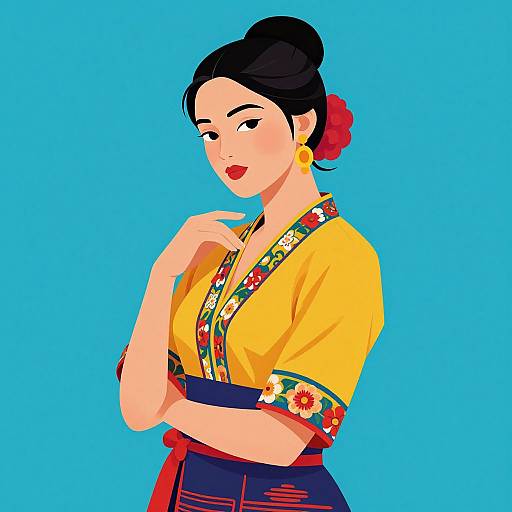 Digital illustration of an Asian woman with black hair in a bun, wearing a yellow kimono with floral trim, red hairpin, and blue background.