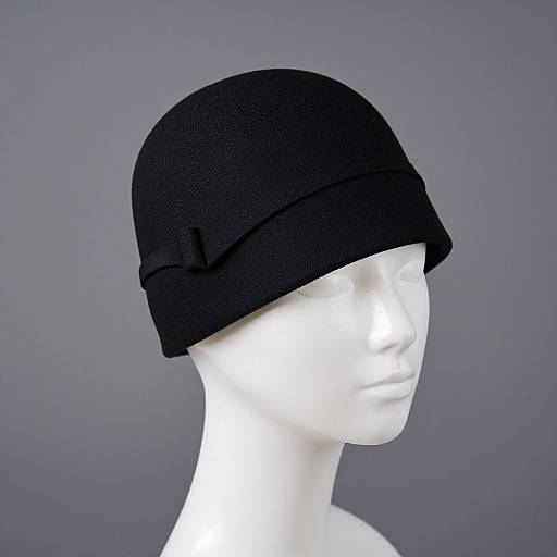 Photograph of a white mannequin head wearing a black, textured, flat-capped hat with a subtle seam against a solid gray background.