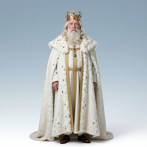 Photograph of a white-bearded, elderly king with a golden crown, wearing a white ermine robe adorned with black spots and gold trim, standing