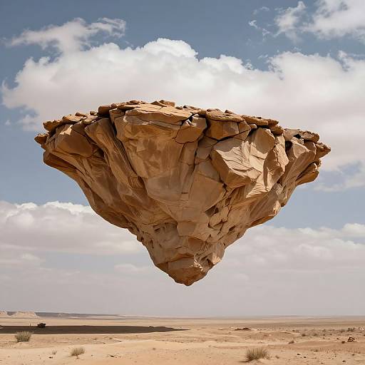 Photograph of a massive, naturally-shaped, rock formation resembling a floating teardrop against a bright blue sky with scattered clouds, set in a vast