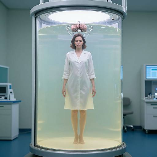 Photograph of a woman in a white lab coat, standing barefoot in a transparent cylindrical tank with a brain hologram above her head, in a
