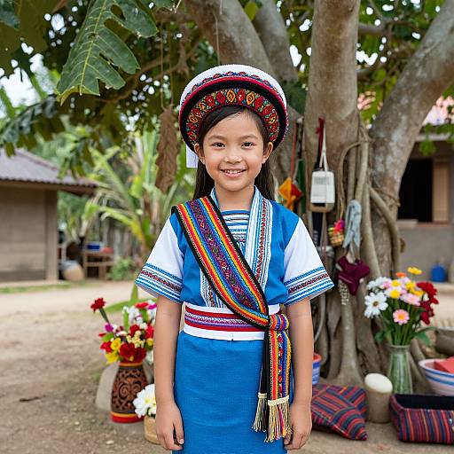 Photograph of a smiling young girl in traditional blue dress and embroidered hat, standing in front of a tree, with colorful flowers and textiles in the background