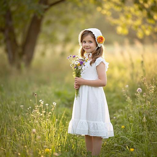 Photograph of a smiling young girl in a white lace dress with a flower crown, holding wildflowers, standing in a sunlit, grassy me