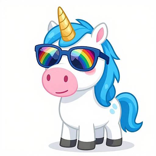 Chibi-style digital drawing of a white unicorn with blue mane and tail, yellow horn, pink nose, wearing black sunglasses with rainbow lenses, standing on