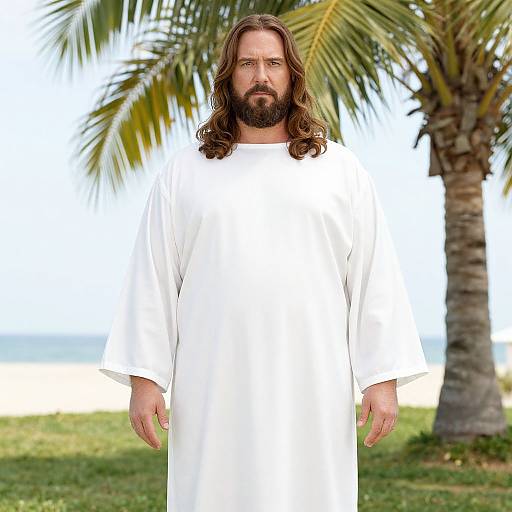 Photograph of a bearded man with long brown hair, wearing a white tunic, standing in front of a palm tree and beach background.