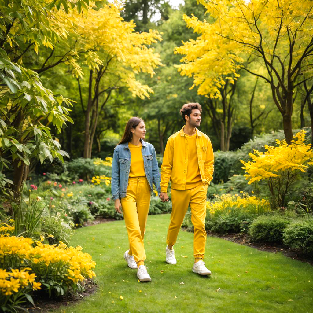 Young Couple Strolling in Golden Sneakers