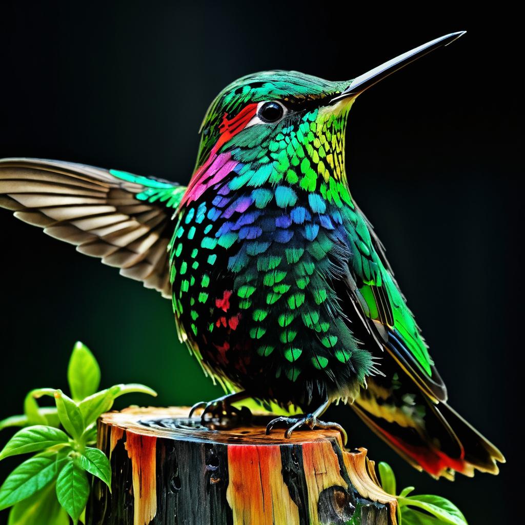 Vibrant Hummingbird on Weathered Stump