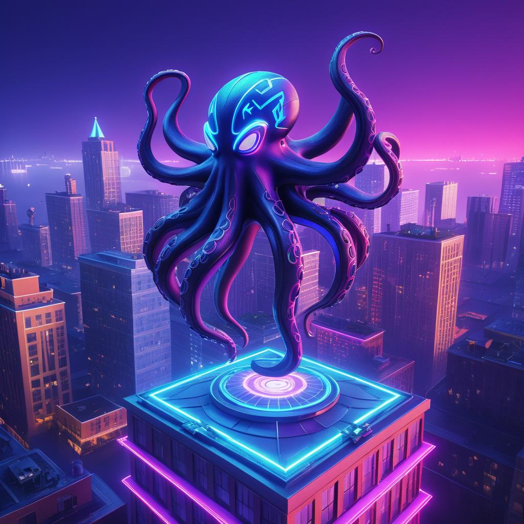 Heroic Octopus in a Neon Cityscape