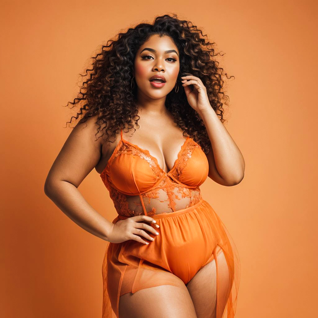 Surprised Woman in Bright Tangerine Lingerie