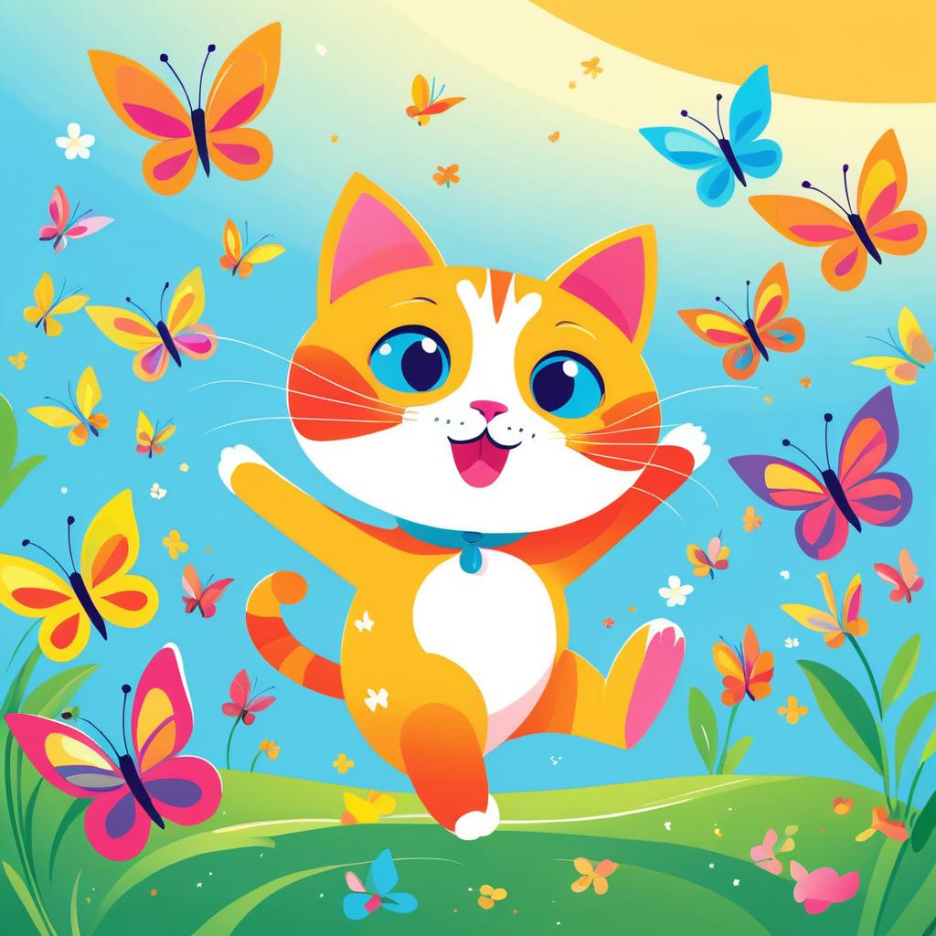 Whimsical Cat Playing with Butterflies