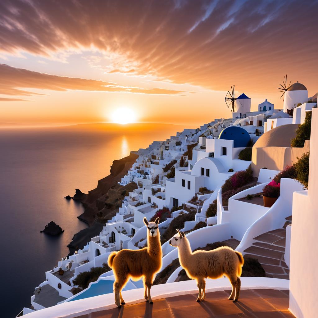 Majestic Llama Against Santorini Sunset