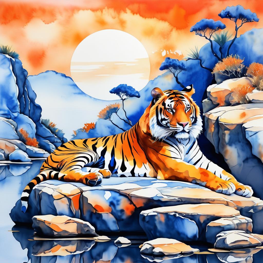 Surrealist Tiger in Watercolor Landscapes