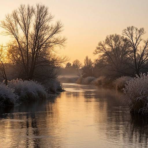 Photograph of a serene, frost-covered river at sunset, with leafless trees silhouetted against a golden-orange sky, reflecting in the calm