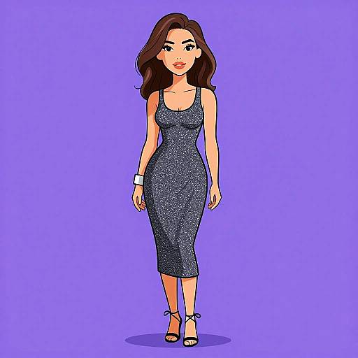 Cartoon-style digital drawing of a smiling woman with long brown hair, wearing a sparkly dark blue sleeveless dress and black sandals, walking against a