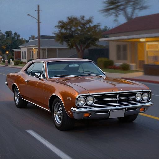 Photograph of a shiny, copper-orange 1970s muscle car with dual headlights, chrome accents, driving on a suburban street at dusk.