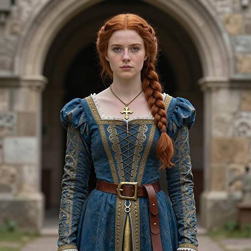 Medieval Woman in Blue and Gold Dress