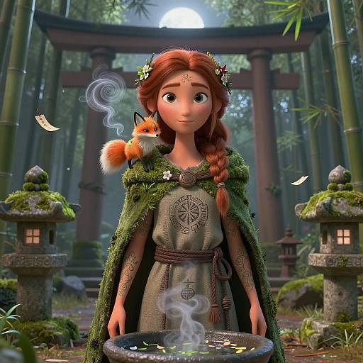 Woodland Priestess with Tea-Fox in Moonlit Bamboo Grove
