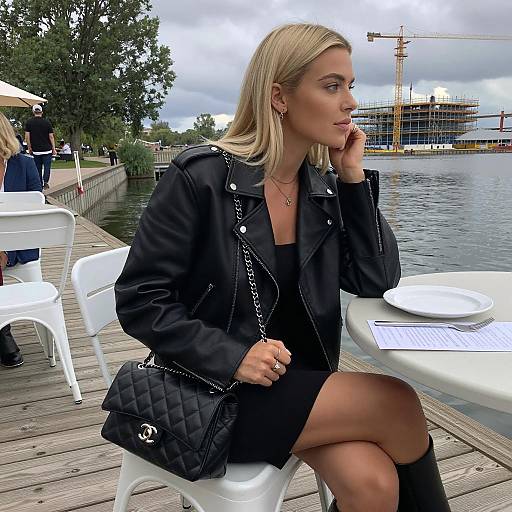 Blonde Woman Sitting on Wooden Dock by Water