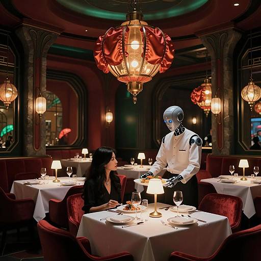 Robot Waiter Serving Food to Woman in Art Deco Restaurant